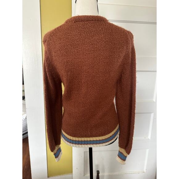 AMAZING vintage Christmas Sweater Cardigan Neutral Tree Reindeer Varsity Stripes - Picture 12 of 16